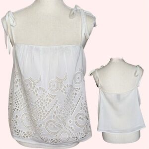 HD in Paris White Anthropologie Embroidery Lace Cami Top Cotton & Silk Ties LRG
